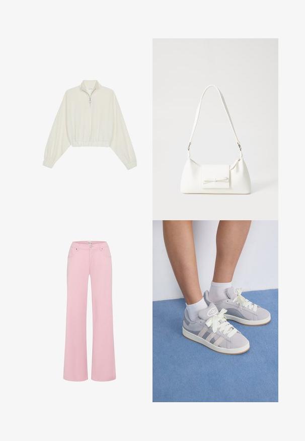 Geknipt pullover in crèmekleurige stof, met een hoge kraag, halve rits, elastische zoom en manchetten, met een soepele textuur en minimalistisch ontwerp.; Roze wijde broek van zacht katoenen stof. Voorzien van twee voorzakken, een knoopsluiting en een middelhoge tailleband.; Grijze suède sneakers met witte veters en rubberen zool, met drie diagonale strepen aan de zijkant en een logo patch op de tong.; Witte synthetische handtas met een driehoekige vorm, platte voorklep en strikdetail, verstelbare schouderriem, gladde textuur en minimalistisch ontwerp.