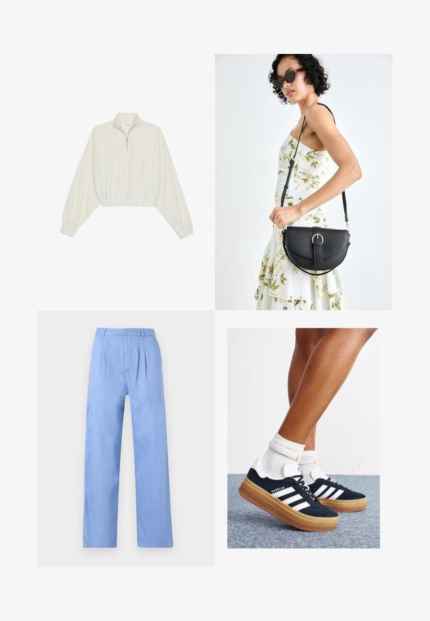 Zkrácený svetr z krémové látky, který má vysoký límec, poloviční zip, elastický spodní lem a manžety, hladkou texturu a minimalistický design.; Svetle modré lněné kalhoty s skládacím předním dílem, vysokým pasem a rovnými nohavicemi. Disponují zapínáním na knoflík v pase.; Černé semišové tenisky s bílými pruhy a detaily, zaoblenou špičkou, podrážkou z gumy barvy žvýkačky, doplněné bílými žebrovanými ponožkami ke kotníkům.; Černá kožená kabelka s křivkovým tvarem, odnímatelným popruhem a zlatými detaily. Kabelka má klopu s přezkou.