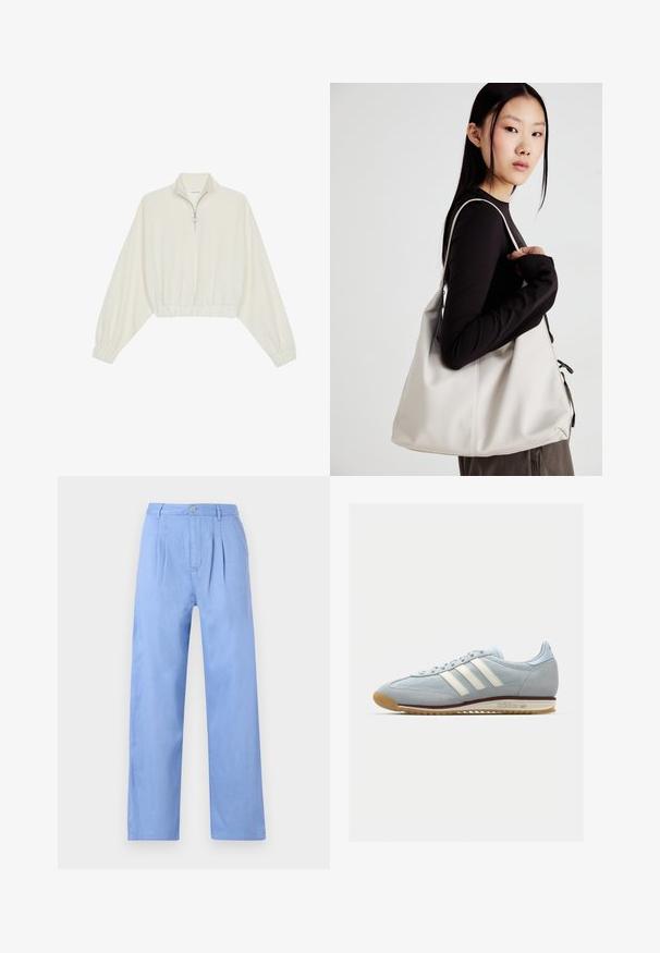 Krém színű, rövidített pulóver, magas gallérral, félig cipzáros záródással, elasztikus derék- és ujjakrésszel, sima textúrával és minimalista dizájnnal.; Világoskék vászon nadrágok, plisszírozott elejükkel, magas derékkal és egyenes szabásukkal. A deréknál gombos záródással rendelkeznek.; Világoskék velúr sneaker fehér három csíkkal, gumitalppal és texturált hálós anyaggal. Jellemzője a sima orr-rész és a logó a saroknál.; Puha anyagból készült bézs kézitáska, laza dizájnnal, varrott részletekkel és két vállpánttal. Mindennapi használatra alkalmas.