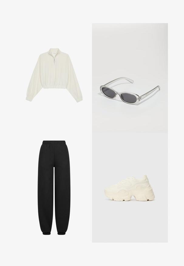 Skórzany pulower w kolorze kremowym, z wysokim kołnierzem, półzamkiem, elastycznym wykończeniem u dołu i mankietami, o gładkiej teksturze i minimalistycznym designie.; Czarne dresy o luźnym kroju, z elastycznym pasem i zwężanymi nogawkami. Wykonane z miękkiego, gładkiego materiału bez widocznych wzorów.; Podeszwa chunky białych sneakersów wykonana z teksturowanej siateczki i materiałów syntetycznych, z grubą podeszwą i skomplikowanymi detalami wzoru po bokach.; Okulary przeciwsłoneczne w owalnym kształcie, z przezroczystą plastikową oprawą, ciemnoszarymi soczewkami oraz cienkimi przezroczystymi ramionami z akcentami logo i minimalnymi detalami.
