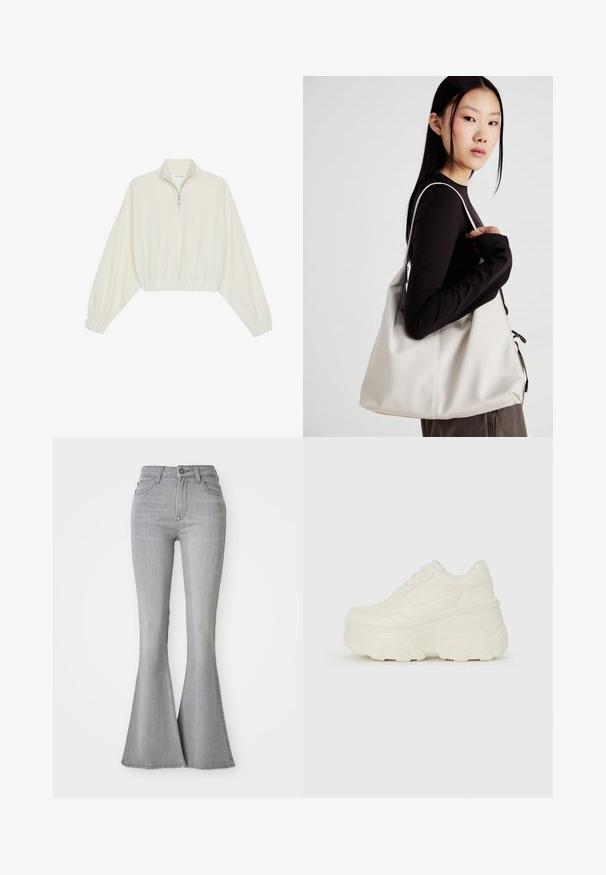 Avkortad tröja i krämfärgad tyg, med hög krage, halvdragkedja, elastisk nederkant och ärmar, med en slät yta och minimalistisk design.; Högmidjade ljusgrå denimjeans med utställda ben, framknäppning, dragkedja och fram- samt bakfickor.; Vita plattformssneakers med en slät läderliknande överdel, rundad form, vadderad krage och texturerad gummisula med definierade mönster.; Beige handväska tillverkad av mjukt material, med en avslappnad design, sydda detaljer och två axelremmar. Lämplig för dagligt bruk.