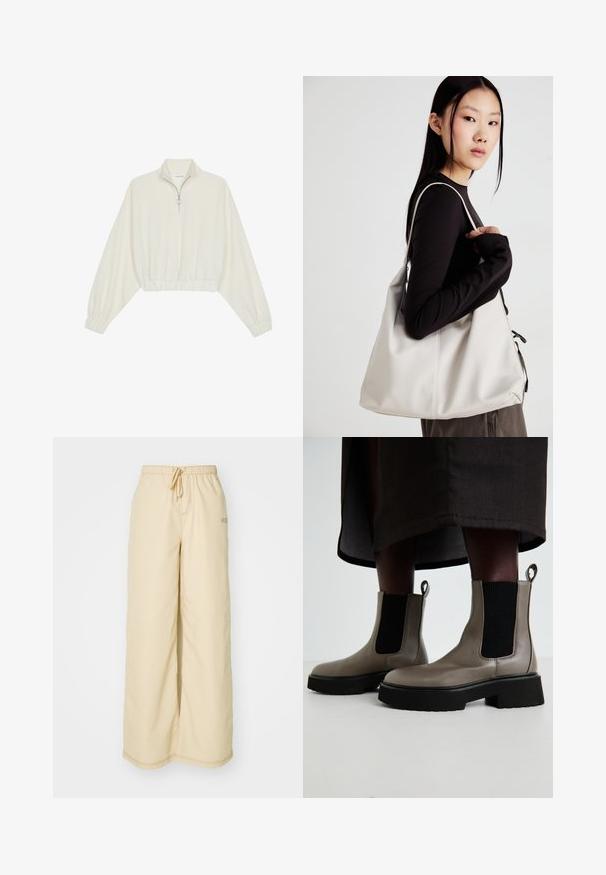 Kreptais pusītes džemperis krēmkrāsā, ar augstu apkakli, puszipa aizdari, elastīgu apakšmalu un aprocēm, ar gludu tekstūru un minimālistisku dizainu.; Beige platās diegu bikses, kas izgatavotas no mīksta auduma, ar elastīgu jostasvietu un auklu, sānu kabatām un smalkiem šuvju akcentiem.; Pelēki potītes zābaki, kas izgatavoti no teksturētas ādas, ar elastīgām sānu paneļām un masīvu melnu zoli. Ar vilkšanas cilpām vieglai uzvilkšanai.; Bežs rokassoma, izgatavota no mīksta materiāla, ar brīvu dizainu, izšūtu apdari un divām plecu siksnām. Piemērota ikdienas lietošanai.