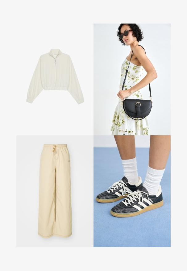 Kreemfarbenest lühikese varrukaga kudum, millel on kõrge kaelus, pool tõmblukk, elastne allosa ja varrukad, sile tekstuur ja minimaalne disain.; Beezidega laiad püksid, mis on valmistatud pehmest kangast, millel on elastne vöökoht koos reguleeritava nööriga, küljetaskud ja peened õmblustead.; Mustad nahast tennisetossud valgete triipudega, ümar nina, valged paelad ja kummist tallad. Esiletõstetud pehmendatud krae ja brändingu detailid.; Mustmust mustraha kõverate joontega, eemaldatava rihmaga ja kuldsete detailidega. Kotil on klapp, millel on pandladetail.