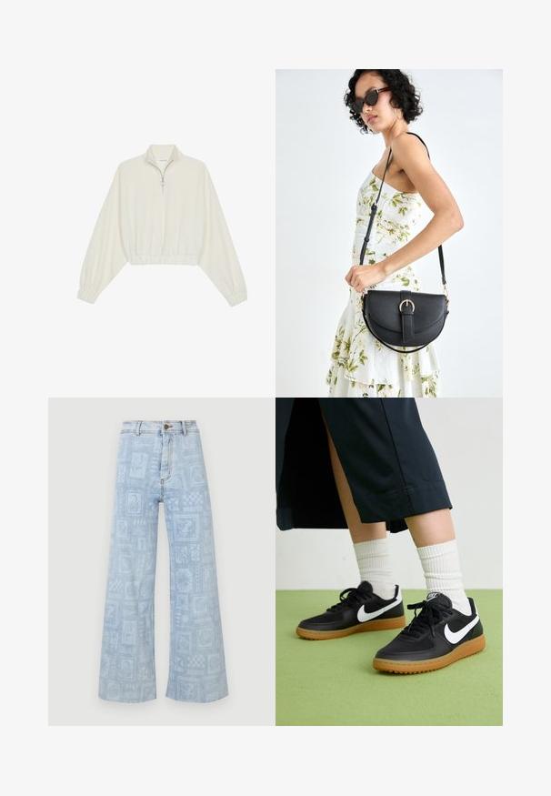 Kreemfarbenest lühikese varrukaga kudum, millel on kõrge kaelus, pool tõmblukk, elastne allosa ja varrukad, sile tekstuur ja minimaalne disain.; Heledsinised laiad teksad, mis on valmistatud denimist, ning neil on kangal erinevaid mustreid, sealhulgas taimede ja loomade kujutisi.; Mustad nahast ja sünteetilised sneekerid valge Nike logoga, kummist gumme, ümar nina ja mustad paelad. Näha ribakujulisi valgeid sokke.; Mustmust mustraha kõverate joontega, eemaldatava rihmaga ja kuldsete detailidega. Kotil on klapp, millel on pandladetail.