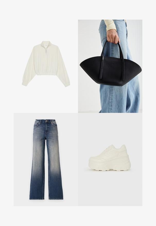 Kratka pulover v kremnem blagu, z visokim ovratnikom, pol-zadrgo, elastičnim robom in manšetami, z gladko teksturo in minimalističnim oblikovanjem.; Trenutno visoke široke hlače iz svetlo do temno modrega jeansa z izblidimi notranjostmi, z gumbom za zapiranje in zankami za pas. Čist rob in brez vidnih okrasnih elementov.; Bele platformske tene z belim zgornjim delom, ki spominja na usnje, okroglo obliko, oblazinjen ovratnik ter gumo z teksturo na podplatu z izrazitimi profili.; Črna usnjena torbica z edinstveno obliko ventilatorja, z ravnimi ročaji. Površina ima teksturo z drobnimi kamni in minimalističen dizajn.
