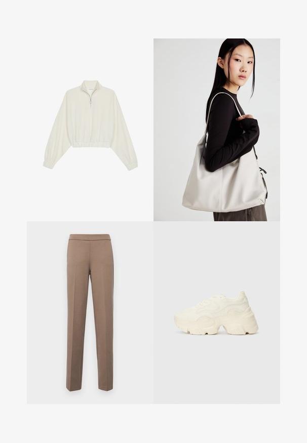 Cropped pullover in cream fabric, featuring a high collar, half-zip closure, elasticated hem and cuffs, with a smooth texture and minimal design.; Brown, fitted trousers with a smooth, stretchy fabric. Straight legs and a flat waistband without visible hardware or pockets.; Chunky white sneakers made of textured mesh and synthetic materials, featuring a thick sole and intricate pattern details along the sides.; Beige handbag made of soft material, featuring a slouchy design, stitched detailing, and two shoulder straps. Suitable for everyday use.