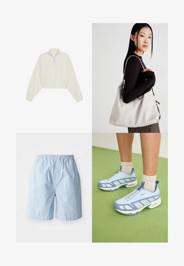 Pullover court en tissu crème, avec un col haut, fermeture éclair à mi-hauteur, ourlet et poignets élastiqués, offrant une texture lisse et un design minimaliste.; Shorts bleu clair en tissu avec des pinstripes verticaux. Taille élastique et ourlets retroussés, mettant en valeur un style simple et décontracté.; Baskets de sport bleu clair avec des accents blancs, des panneaux texturés et une fermeture éclair. Dotées d'une semelle avec coussin d'air visible et d'une semelle en caoutchouc.; Sac à main beige en matériau souple, avec un design décontracté, des détails cousus et deux poignées. Idéal pour un usage quotidien.
