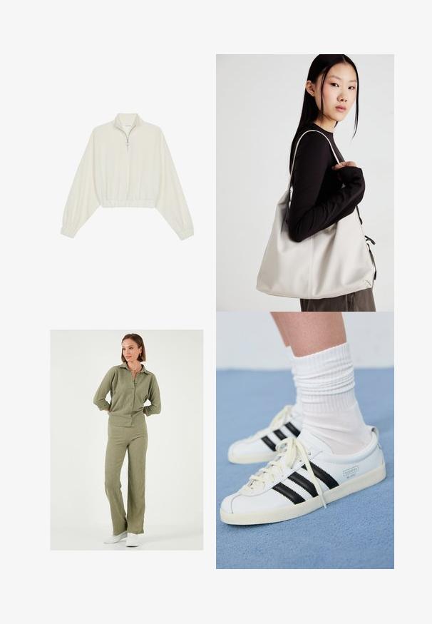 Zkrátený pulover z krémového materiálu, s vysokým golierom, polovičným zipsom, elastickým lemom a manžetami, s hladkou textúrou a minimalistickým dizajnom.; Olivovo zelená, textúrovaná pletená dvojdielna súprava s golierom a zapínaním na gombíky, doplnená o zodpovedajúce rozšírené nohavice a biele tenisky.; Biele kožené tenisky s čiernymi pruhmi, krémovou podrážkou a svetlými šnúrkami. Nosené s bielymi rebrovanými ponožkami, umiestnené na modrom pozadí.; Béžová kabelka vyrobená z mäkkého materiálu, s uvoľneným dizajnom, prišitými detailmi a dvoma popruhmi na nosenie na pleciach. Vhodná na každodenné nosenie.