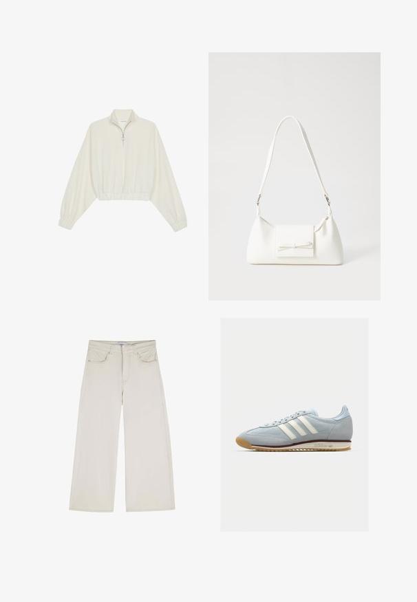 Cropped pullover in cream fabric, featuring a high collar, half-zip closure, elasticated hem and cuffs, with a smooth texture and minimal design.; Scalpers Relaxed fit jeans - ecru; Light blue suede sneaker with white three stripes, rubber sole, and textured mesh. Features a smooth toe cap and branding on the heel.; White synthetic handbag with a triangular shape, flat front flap and bow detail, adjustable strap, smooth texture, and minimalistic design.