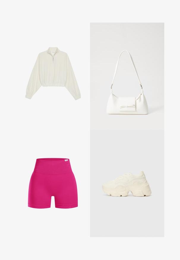 Avkortad tröja i krämfärgad tyg, med hög krage, halvdragkedja, elastisk nederkant och ärmar, med en slät yta och minimalistisk design.; Rosa högmidjade shorts gjorda av stretchigt tyg, med en slät textur och en figurnära design. Inga synliga loggor eller mönster.; Tjocka vita sneakers gjorda av texturerat mesh och syntetiska material, med en tjock sula och intrikata mönsterdetaljer längs sidorna.; Vit syntetisk handväska med triangulär form, platt framklaff och rosettdetalj, justerbar rem, slät textur och minimalistisk design.
