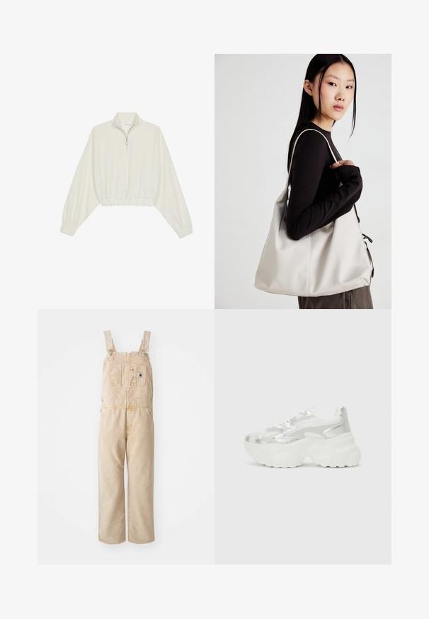 Krém színű, rövidített pulóver, magas gallérral, félig cipzáros záródással, elasztikus derék- és ujjakrésszel, sima textúrával és minimalista dizájnnal.; Sötétbézs munkásnadrág tartós anyagból, állítható pántokkal, elülső zsebbel és széles lábszárakkal, enyhén kopott hatással.; Ezüst színű sportcipő, texturált hálós felsőrésszel és irizáló díszítésekkel, tömbös fehér talppal és fűzős záródással.; Puha anyagból készült bézs kézitáska, laza dizájnnal, varrott részletekkel és két vállpánttal. Mindennapi használatra alkalmas.