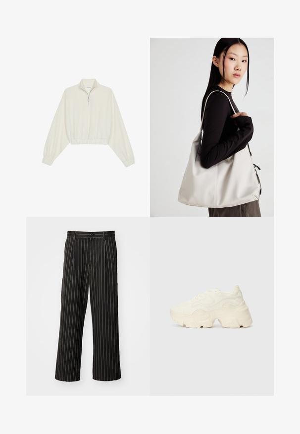 Pulover scurt din stofă crem, cu guler înalt, închidere cu fermoar pe jumătate, elastic la margini și la manșete, cu o textură netedă și un design minimalist.; Pantaloni negri cu picioare largi, cu un model de dungi verticale, confecționați dintr-un material neted, cu închidere cu nasture și buzunare laterale.; Tenisi albi voluminoși, fabricați din plasă texturată și materiale sintetice, cu o talpă groasă și detalii de model intricate pe laturi.; Geantă bej din material moale, cu un design lejer, detalii cusute și două bretele pentru umăr. Potrivită pentru utilizarea zilnică.