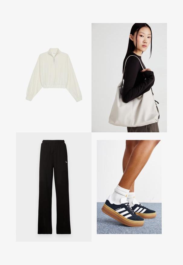 Zkrátený pulover z krémového materiálu, s vysokým golierom, polovičným zipsom, elastickým lemom a manžetami, s hladkou textúrou a minimalistickým dizajnom.; Čierne rebrované nohavice s širokými nohavicami, elastickým pásom a malým dekoratívnym logom, s hladkou textúrou a dĺžkou po celé nohavice.; Čierne semišové tenisky s bielymi pruhmi a detailmi, so zaoblenou špičkou, podrážkou z gumovej gumy, doplnené bielymi rebrovanými ponožkami.; Béžová kabelka vyrobená z mäkkého materiálu, s uvoľneným dizajnom, prišitými detailmi a dvoma popruhmi na nosenie na pleciach. Vhodná na každodenné nosenie.