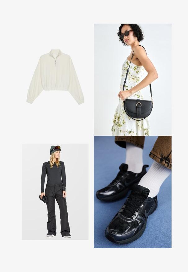 Pullover court en tissu crème, avec un col haut, fermeture éclair à mi-hauteur, ourlet et poignets élastiqués, offrant une texture lisse et un design minimaliste.; Haut thermique noir à manches longues associé à un pantalon de neige noir. La tenue comprend un bonnet vert et des lunettes de ski, soulignant la fonctionnalité.; Des chaussures de sport noires Nike présentent une tige en maille avec des accents brillants, des lacets noirs et une semelle texturée. Associées à des chaussettes blanches côtelées.; Sac à main en cuir noir avec une forme courbée, bandoulière amovible et des accessoires en or. Le sac est doté d'un rabat avec un détail de boucle.