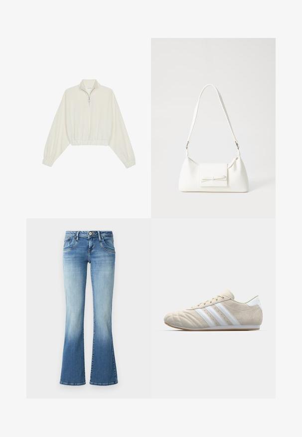 Kort genser i kremfarget stoff, med høy krage, halv glidelås, elastisk nederste kant og mansjetter, med en glatt tekstur og minimalistisk design.; Lys blå denim flared jeans med mid-rise liv, som har fem lommer, subtil falming og broderi langs sømmene.; Lys beiget semsket lær sko med rund tå, hvit tre-stripes design og gummisåle. Har søm og lav profil.; Hvit syntetisk håndveske med trekantet form, flat klaff foran og sløyfe detaljer, justerbar stropp, glatt tekstur og minimalistisk design.