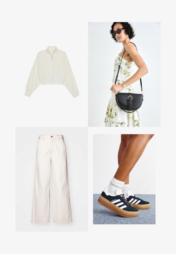 Kreminės spalvos trumpas megztinis, turintis aukštą apykaklę, pusiau užtrauktuką, elastinį apačią irRankovių kraštus, su lygiu paviršiumi ir minimalizuotu dizainu.; Platūs balti džinsai su raudonais siuvinėjimais, aukštu liemeniu, priekyje mygtukų uždarymu ir šoninėmis kišenėmis. Tekstūruotas medvilnės audinys.; Juodi zomšiniai sportbačiai su baltais dryžiais ir akcentais, apvalios nosies, guminio, gumos pado, derinami su baltais raitytais vidutinio ilgio kojinaitėmis.; Juodas odinis krepšys su išlenkta forma, nuimamu dirželiu ir auksiniais detalėmis. Krepšys turi kilpą su sagtimi.