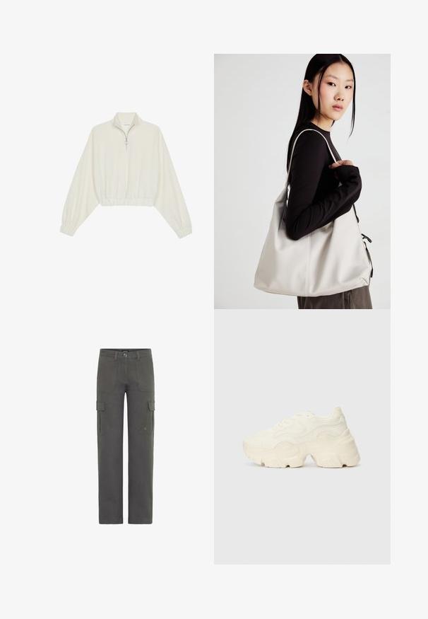 Pulover scurt din stofă crem, cu guler înalt, închidere cu fermoar pe jumătate, elastic la margini și la manșete, cu o textură netedă și un design minimalist.; Pantaloni cargo din bumbac gri închis, cu croială dreptă. Au două buzunare laterale și închidere cu nasture. Material durabil cu o textură ușoară.; Tenisi albi voluminoși, fabricați din plasă texturată și materiale sintetice, cu o talpă groasă și detalii de model intricate pe laturi.; Geantă bej din material moale, cu un design lejer, detalii cusute și două bretele pentru umăr. Potrivită pentru utilizarea zilnică.