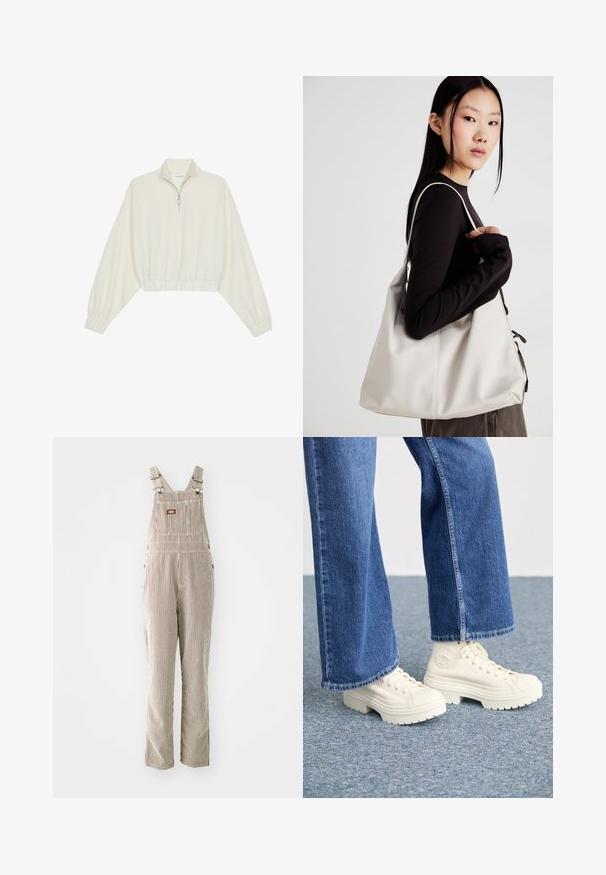 Kort genser i kremfarget stoff, med høy krage, halv glidelås, elastisk nederste kant og mansjetter, med en glatt tekstur og minimalistisk design.; Stripete bukser laget av vevet stoff i beige og brunt, med justerbare stropper, frontlomme og sideknapper.; Hvite høyhælte joggesko med tykke, rillede såler og sirkulær logo detalj, brukt med lyseblå, vide denim jeans.; Beige håndveske laget av mykt materiale, med en slapp design, sydd detaljer og to skulderstropper. Passer for daglig bruk.