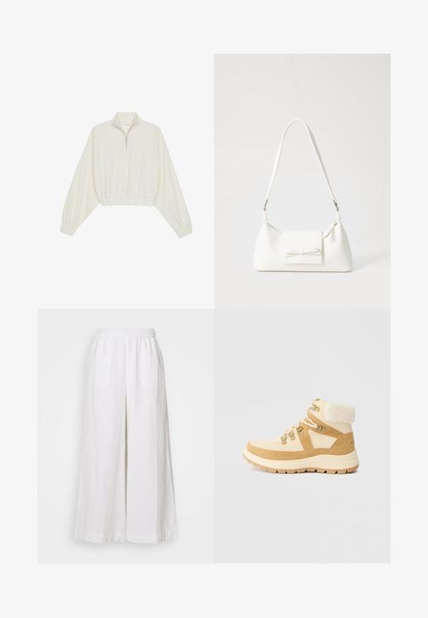 Kreemfarbenest lühikese varrukaga kudum, millel on kõrge kaelus, pool tõmblukk, elastne allosa ja varrukad, sile tekstuur ja minimaalne disain.; Valged linased laiad püksid elastse vöökoha ja kahe esiseguga, kerge ja tekstuuriga kangast.; Bežid ja tanni matkasaapad, millel on tekstureeritud seemisnahk, fliisist krae ja jäme kummist välistald. Omaduseks on metallist silmad ja paelad.; Valge sünteetilisest materjalist kott kolmnurkse kujuga, lame esiklapiga ja kaaredetailiga, reguleeritava rihmaga, sileda tekstuuriga ja minimalistliku disainiga.