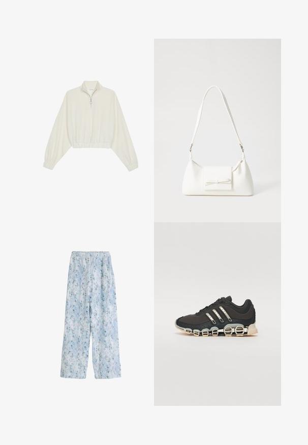 Kreemfarbenest lühikese varrukaga kudum, millel on kõrge kaelus, pool tõmblukk, elastne allosa ja varrukad, sile tekstuur ja minimaalne disain.; Heledad sinine mustriga laiad püksid elastse vöökohtaga, millel on lillemuster ja vertikaalsed triibud, valmistatud pehmest kangast.; Must have sportlik kingad musta värvi, millel on tekstuuriga pealisosa, kolm hõbedast triipu ja eristuv pehmendusnähtus, millel on mitmed integreeritud osad.; Valge sünteetilisest materjalist kott kolmnurkse kujuga, lame esiklapiga ja kaaredetailiga, reguleeritava rihmaga, sileda tekstuuriga ja minimalistliku disainiga.