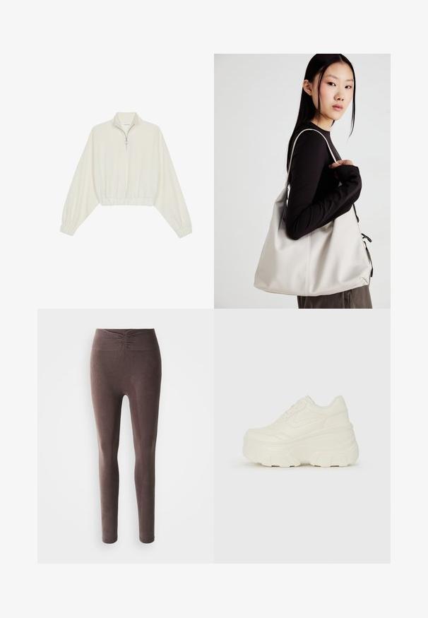 Cropped pullover in cream fabric, featuring a high collar, half-zip closure, elasticated hem and cuffs, with a smooth texture and minimal design.; High-waisted brown ribbed leggings with gathered detail on the waistband, displayed on a white background.; White platform sneakers featuring a smooth leather-like upper, rounded shape, padded collar, and textured rubber sole with defined treads.; Beige handbag made of soft material, featuring a slouchy design, stitched detailing, and two shoulder straps. Suitable for everyday use.