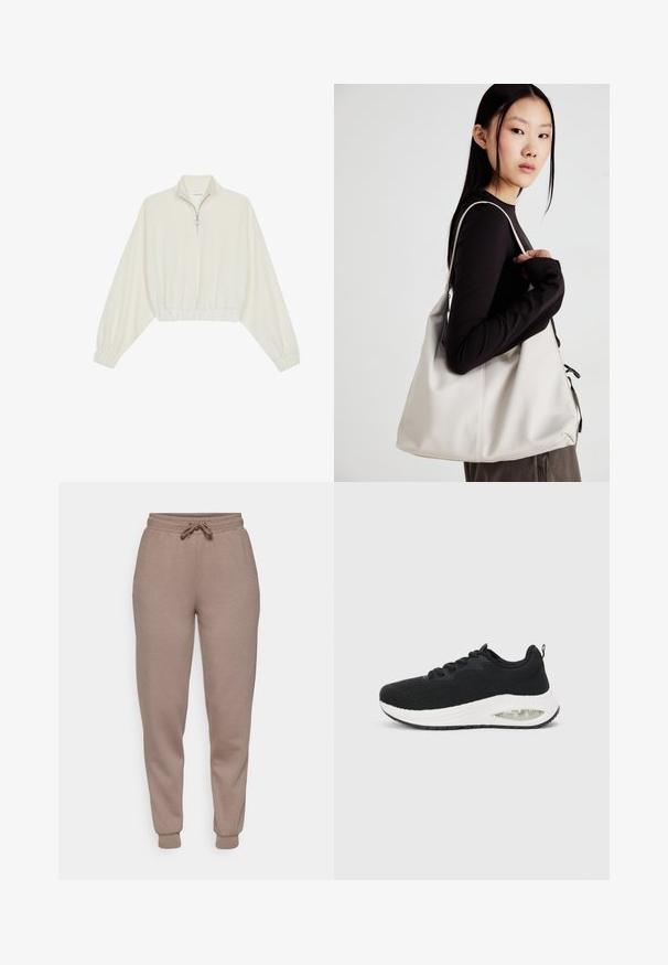 Pulover scurt din stofă crem, cu guler înalt, închidere cu fermoar pe jumătate, elastic la margini și la manșete, cu o textură netedă și un design minimalist.; ONLY Play ONPLOUNGE LIFE REG NOOS - Pantaloni de trening - walnut; Adidași atletici negri cu un superior din tricot texturat, talpă intermediară albă și detaliu de amortizare cu aer vizibil. Prezintă șireturi negre și o bandă de prindere.; Geantă bej din material moale, cu un design lejer, detalii cusute și două bretele pentru umăr. Potrivită pentru utilizarea zilnică.