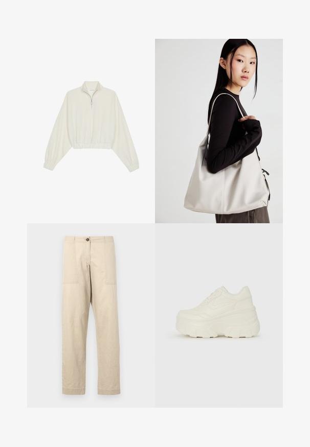 Krém színű, rövidített pulóver, magas gallérral, félig cipzáros záródással, elasztikus derék- és ujjakrésszel, sima textúrával és minimalista dizájnnal.; Beige színű pamut nadrág, egyenes szabással, elülső zsebekkel, gombos záródással és felhajtott szárakkal. Sima textúra és minimális dizájn.; Fehér platform sportcipők, sima bőrszerű felsőrésszel, kerek formával, párnázott bokával és texturált gumitalppal, jól definiált mintázattal.; Puha anyagból készült bézs kézitáska, laza dizájnnal, varrott részletekkel és két vállpánttal. Mindennapi használatra alkalmas.