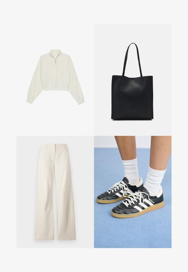 Kratka pulover v kremnem blagu, z visokim ovratnikom, pol-zadrgo, elastičnim robom in manšetami, z gladko teksturo in minimalističnim oblikovanjem.; Hlače širokih nogavic iz kremaste bombažne tkanine. Imajo visok pas, strukturirano zasnovo in minimalne šive. Raven sprednji del s žepi.; Črne usnjene superge z belimi črtami, okroglo konico, belimi vezalkami in gumijastim podplatom. Poudarjene z oblazinjenim ovratnikom in detajli blagovne znamke.; Črna usnjena torba s svilnato teksturo, pravokotne oblike in dvema dolgima ročajema. Brez vidnih metalnih delov ali okrasnih elementov.