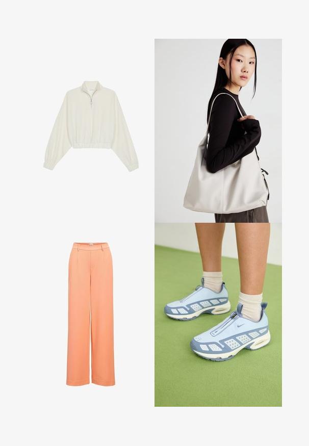 Gerippter Pullover aus cremefarbener Baumwolle mit hohem Kragen, halbem Reißverschluss, elastischen Säumen und Bündchen, glatter Textur und minimalistischem Design.; Weite Hose aus Pfirsichstoff mit glatter Textur, flachem Vorderteil mit Falten und einem elastischen Bund für einen bequemen Sitz.; Hellblaue Sportschuhe mit weißen Akzenten, strukturierten Bereichen und einem Reißverschluss. Sie verfügen über eine sichtbare Luftpolster-Sohle und eine Gummisohle.; Beige Handtasche aus weichem Material, mit einem lässigen Design, gesteppten Details und zwei Schulterriemen. Geeignet für den täglichen Gebrauch.