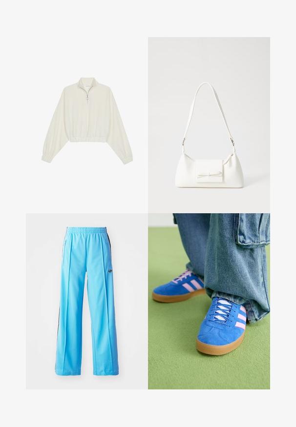 Kreminės spalvos trumpas megztinis, turintis aukštą apykaklę, pusiau užtrauktuką, elastinį apačią irRankovių kraštus, su lygiu paviršiumi ir minimalizuotu dizainu.; Šviesiai mėlynos sportinės kelnės su elastinga juosmeniu, šoninėmis užtrauktukais ir juodomis šoninėmis detalėmis. Minkšta medžiaga, laisvas, platus kojų dizainas.; Mėlyni zomšiniai bateliai su rožinėmis juostelėmis ir baltais raišteliais, turintys guminį padą, derinami su laisvais džinsiniais kelnais ant žalios paviršiaus.; Balta sintetinė rankinė trikampio formos, plokščiu priekiu su užsegimu, kaspino detale, reguliuojama dirželiu, lygia tekstūra ir minimalistišku dizainu.