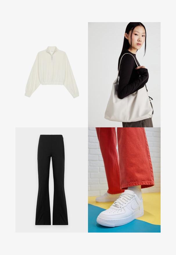 Cropped pullover in cream fabric, featuring a high collar, half-zip closure, elasticated hem and cuffs, with a smooth texture and minimal design.; Black flared pants made of stretchy fabric, featuring a smooth texture, tailored fit, and split hem design.; White leather sneaker with perforated toe box, textured sole, and white laces, paired with wide red pants and a blue and yellow background.; Beige handbag made of soft material, featuring a slouchy design, stitched detailing, and two shoulder straps. Suitable for everyday use.