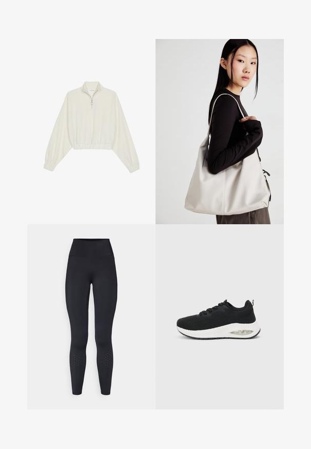 Avkortad tröja i krämfärgad tyg, med hög krage, halvdragkedja, elastisk nederkant och ärmar, med en slät yta och minimalistisk design.; Svarta högmidjade tights tillverkade av elastiskt material, med en slät yta och perforerade designinslag vid anklarna.; Svart atletisk sneaker med en texturerad stickad ovandel, vit mellansula och synlig luftdämpning. Har svarta snören och en dragflik.; Beige handväska tillverkad av mjukt material, med en avslappnad design, sydda detaljer och två axelremmar. Lämplig för dagligt bruk.