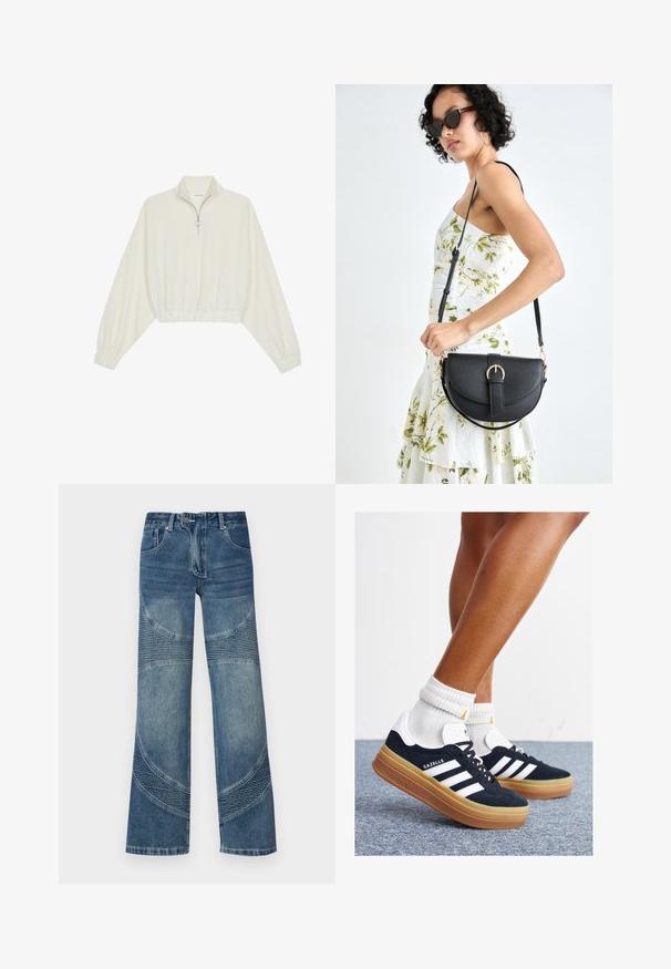 Pullover curto em tecido creme, apresentando um colarinho alto, fecho de meio zíper, bainha e punhos elásticos, com uma textura suave e design minimalista.; Uma calça de ganga azul de cintura alta, com pernas largas, apresentando detalhes de costura curva e secções ribadas na parte inferior. Estilo casual.; Ténis de camurça preta com riscas e detalhes brancos, biqueira arredondada, sola em borracha cor de goma, combinados com meias brancas caneladas até à altura do tornozelo.; Bolsa de couro preta com forma curva, alça destacável e detalhes em dourado. A bolsa possui uma aba com detalhe de fivela.