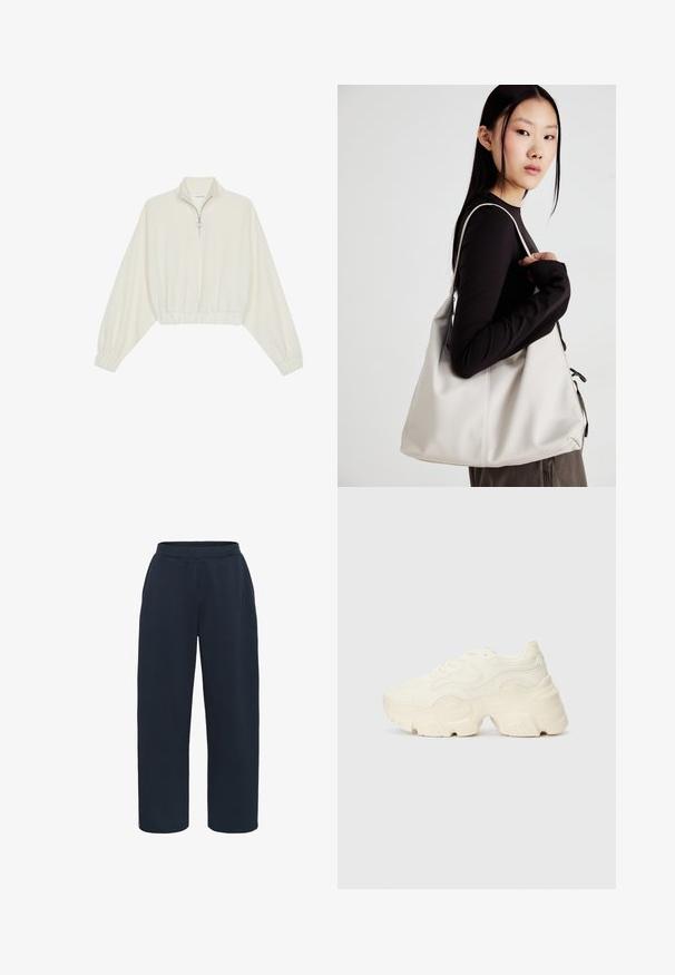 Kreemfarbenest lühikese varrukaga kudum, millel on kõrge kaelus, pool tõmblukk, elastne allosa ja varrukad, sile tekstuur ja minimaalne disain.; Kaffe Dresside alumine osa - midnight marine; Paksud valged tennised, mis on valmistatud tekstureeritud võrgu- ja sünteetilistest materjalidest, pakuvad paksu tallaga ja keerukat mustrit külgedel.; Bež käekott pehme materjali, millel on lõtv disain, õmblustega detailid ja kaks õlarihma. Sobib igapäevaseks kasutamiseks.