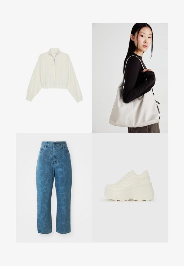 Lyhyt kerrosvaate vaaleasta kankaasta, jossa on korkea kaulus, puolivetoketjukiinnitys, joustavat helma ja hihansuut, tasainen pinta ja minimalistinen muotoilu.; Vaaleansiniset farkut, joissa on hienovarainen kuvioitu rakenne, korkea vyötärö ja suora lahje. Varustettu edessä napilla ja vetoketjulla.; Valkoiset tasapohjakengät, joissa on sileä nahkamainen päällinen, pyöristetty muoto, pehmustettu nilkkaosa ja texturoitu kumipohja, jossa on hyvin määritellyt urat.; Beige laukku, joka on valmistettu pehmeästä materiaalista, ja siinä on rento muotoilu, ommeltu yksityiskohtia ja kaksi olkahihnaa. Sopii päivittäiseen käyttöön.