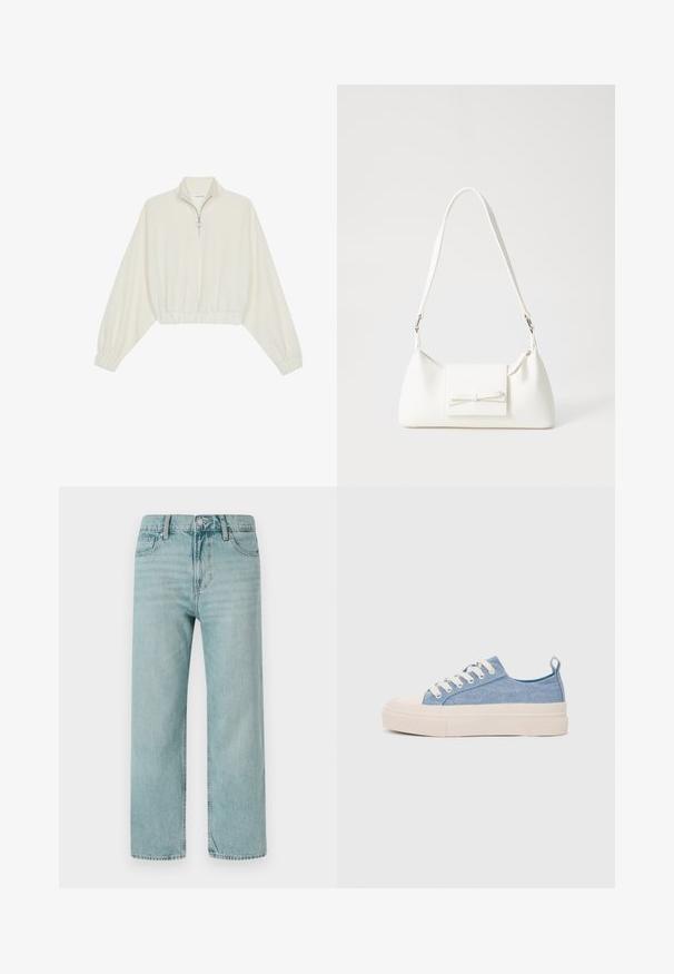 Avkortad tröja i krämfärgad tyg, med hög krage, halvdragkedja, elastisk nederkant och ärmar, med en slät yta och minimalistisk design.; Ljusblå vida jeans i denim, med en klassisk femfickorsdesign, rena linjer och en vanlig midja med knappstängning.; Ljusblå canvas sneakers med en krämfärgad gummitå och yttersula, som har vita snören och en dragflik på hälen.; Vit syntetisk handväska med triangulär form, platt framklaff och rosettdetalj, justerbar rem, slät textur och minimalistisk design.