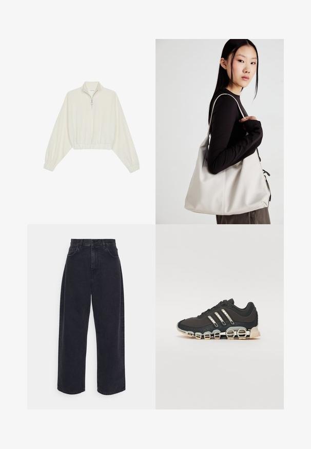 Gerippter Pullover aus cremefarbener Baumwolle mit hohem Kragen, halbem Reißverschluss, elastischen Säumen und Bündchen, glatter Textur und minimalistischem Design.; Schwarze hochgeschnittene weite Jeans aus Denim, mit fünf Taschen, einem Knopfverschluss und dezenten Steppnähten.; Schwarzer Sportschuh mit einer strukturierten Oberseite, drei silbernen Streifen und einer markanten Dämpfungssohle mit mehreren integrierten Sektionen.; Beige Handtasche aus weichem Material, mit einem lässigen Design, gesteppten Details und zwei Schulterriemen. Geeignet für den täglichen Gebrauch.