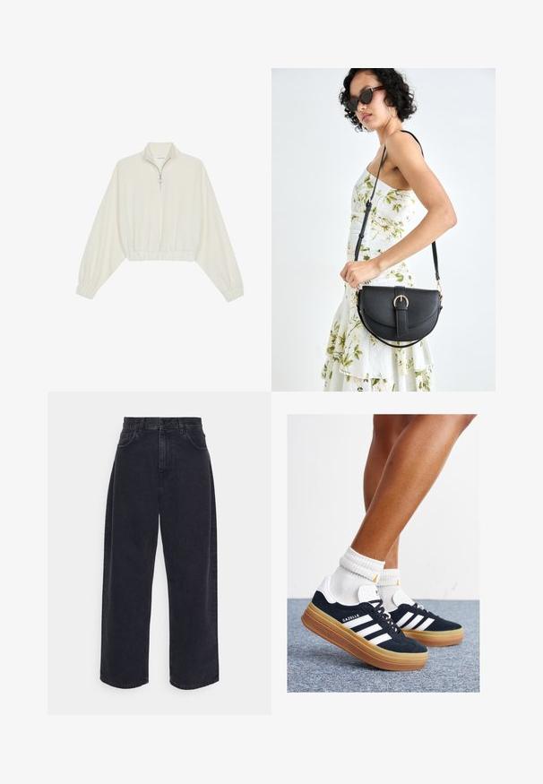 Gerippter Pullover aus cremefarbener Baumwolle mit hohem Kragen, halbem Reißverschluss, elastischen Säumen und Bündchen, glatter Textur und minimalistischem Design.; Schwarze hochgeschnittene weite Jeans aus Denim, mit fünf Taschen, einem Knopfverschluss und dezenten Steppnähten.; Schwarze Wildledersneaker mit weißen Streifen und Akzenten, rundlicher Zehenbereich, Sohlen aus braunem Gummi, kombiniert mit weißen, gerippten Sneakersocken.; Schwarze Lederhandtasche mit geschwungener Form, abnehmbarem Tragegurt und goldenen Beschlägen. Die Tasche verfügt über einen Deckel mit einer Schnallen-Details.