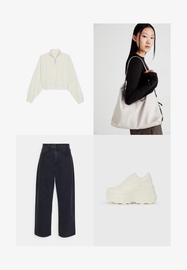 Geknipt pullover in crèmekleurige stof, met een hoge kraag, halve rits, elastische zoom en manchetten, met een soepele textuur en minimalistisch ontwerp.; Zwarte high-waisted wijde jeans gemaakt van denim, met vijf zakken, een knoopsluiting en subtiele stikdetails.; Witte platform sneakers met een gladde leren bovenkant, afgeronde vorm, gewatteerde kraag en een gestructureerde rubberen zool met duidelijke profiel.; Beige handtas gemaakt van zacht materiaal, met een slonzig ontwerp, gestikte details en twee schouderbanden. Geschikt voor dagelijks gebruik.