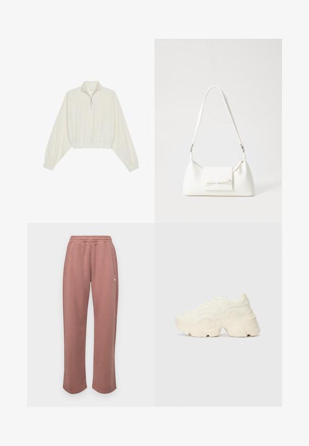 Cropped pullover in cream fabric, featuring a high collar, half-zip closure, elasticated hem and cuffs, with a smooth texture and minimal design.; Abercrombie & Fitch ICON RELAXED - Tracksuit bottoms - burlwood; Chunky white sneakers made of textured mesh and synthetic materials, featuring a thick sole and intricate pattern details along the sides.; White synthetic handbag with a triangular shape, flat front flap and bow detail, adjustable strap, smooth texture, and minimalistic design.