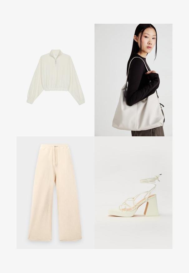Kort striktrøje i cremefarvet stof med høj krave, halvlynlås, elastisk kant og manchetter, glat tekstur og minimalistisk design.; Bredde benbukser i lysbeige, lavet af et struktureret stof. Har en elastisk talje med snoretræk. Enkel, udekoreret design.; Hvide højhælede sandaler med en kraftig hæl, der har et stropdesign og ankelbinding. Glat tekstur med en platform foran for ekstra højde.; Beige håndtaske lavet af blødt materiale med et slouchy design, stikninger og to skulderremme. Velegnet til daglig brug.
