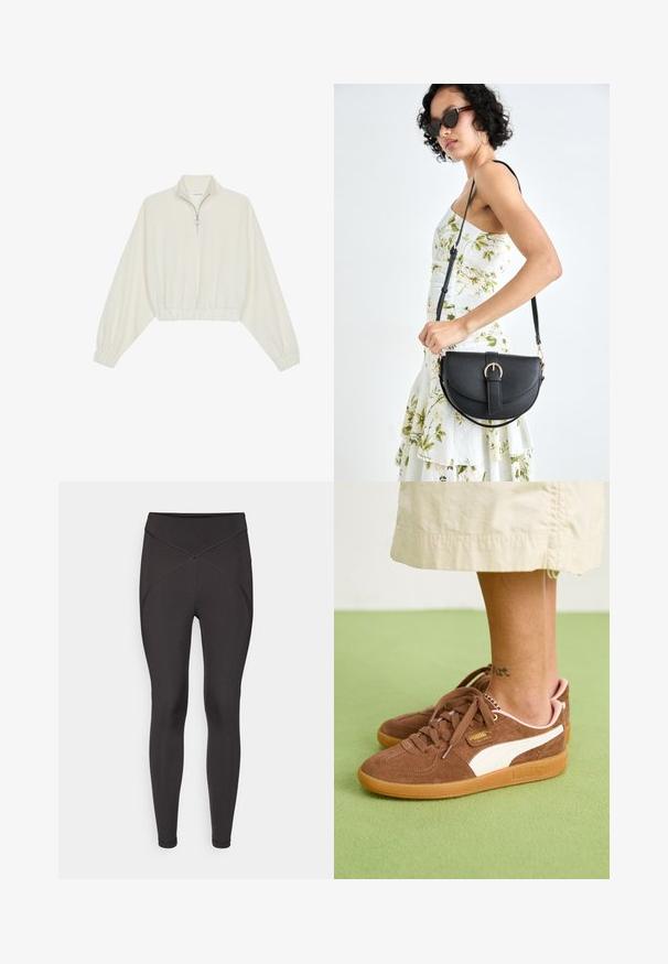 Geknipt pullover in crèmekleurige stof, met een hoge kraag, halve rits, elastische zoom en manchetten, met een soepele textuur en minimalistisch ontwerp.; Zwarte leggings van rekbare stof, met een hoge taille, een naadloos ontwerp en een X-patroon detail bij de heup.; Bruine suède sneakers met witte accenten, rubberen zool en roze hak. Veters en merkdetails zichtbaar. Enkel tattoo gedeeltelijk zichtbaar.; Zwarte leren handtas met een gebogen vorm, afneembare schouderband en gouden hardware. De tas heeft een klep met een gespsluiting.