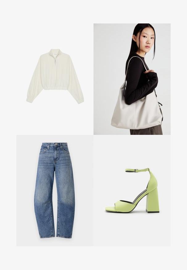 Skórzany pulower w kolorze kremowym, z wysokim kołnierzem, półzamkiem, elastycznym wykończeniem u dołu i mankietami, o gładkiej teksturze i minimalistycznym designie.; Jeansy z wysokim stanem w niebieskim denimu o luźnym kroju, z klasycznym pięciopocketowym designem i widocznymi szwami na szwach.; Even&Odd - Sandały na obcasie; Beżowa torebka wykonana z miękkiego materiału, charakteryzująca się luźnym fasonem, wyszywanymi detalami i dwoma uchwytami na ramię. Idealna na co dzień.