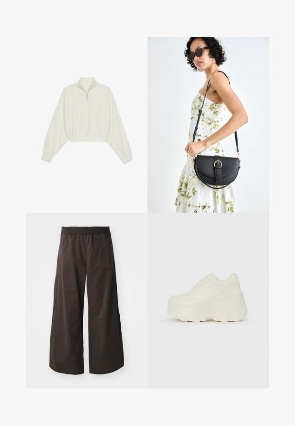 Pullover court en tissu crème, avec un col haut, fermeture éclair à mi-hauteur, ourlet et poignets élastiqués, offrant une texture lisse et un design minimaliste.; Pantalons larges noirs avec une taille élastique côtelée, en tissu lisse, dotés de poches latérales et d'une coupe droite pour le confort.; Baskets plateformes blanches avec une tige en simili cuir lisse, une forme arrondie, un col rembourré et une semelle en caoutchouc texturé avec des crampons définis.; Sac à main en cuir noir avec une forme courbée, bandoulière amovible et des accessoires en or. Le sac est doté d'un rabat avec un détail de boucle.