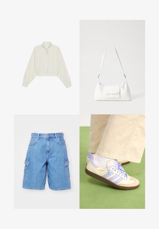 Skraćeni pulover od kremastog materijala, s visokim ovratnikom, zatvaranjem na polovicu munje, elastičnim rubom i manžetama, s glatkom teksturom i minimalnim dizajnom.; Traperice cargo šortsice u svijetloplavoj boji, s dva bočna džepa, gumbom za zatvaranje, petljama za remen i opuštenim krojem. Glatka tekstura tkanine.; Kremasto-ljubičaste tenisice s tri pruge i strukturiranim smeškim potplatom, s vezicama i podstavljenim petom. Mekana gornja tkanina.; Bijela sintetička torbica s trokutastim oblikom, ravnim prednjim poklopcem i detaljem u obliku mašne, podesivom remenom, glatkom teksturom i minimalističkim dizajnom.