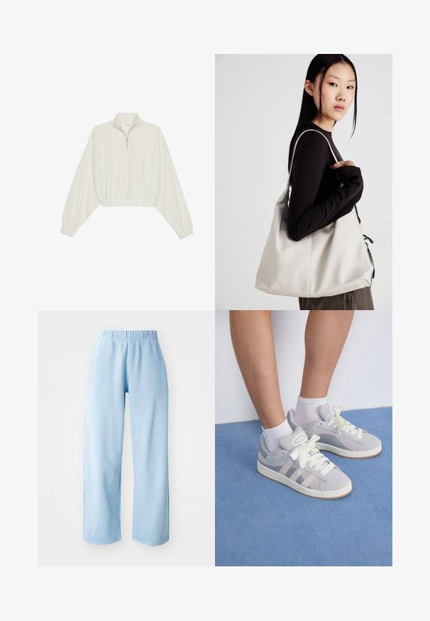Zkrátený pulover z krémového materiálu, s vysokým golierom, polovičným zipsom, elastickým lemom a manžetami, s hladkou textúrou a minimalistickým dizajnom.; Svetlo modré, široké nohavice s elastickým pásom. Vyrobené z mäkkej látky, s hladkým povrchom a bez viditeľných vzorov alebo akcentov.; Sivé semišové tenisky s bielymi šnúrkami a gumovou podrážkou, s tromi diagonálnymi pruhmi na boku a logom na jazyku.; Béžová kabelka vyrobená z mäkkého materiálu, s uvoľneným dizajnom, prišitými detailmi a dvoma popruhmi na nosenie na pleciach. Vhodná na každodenné nosenie.