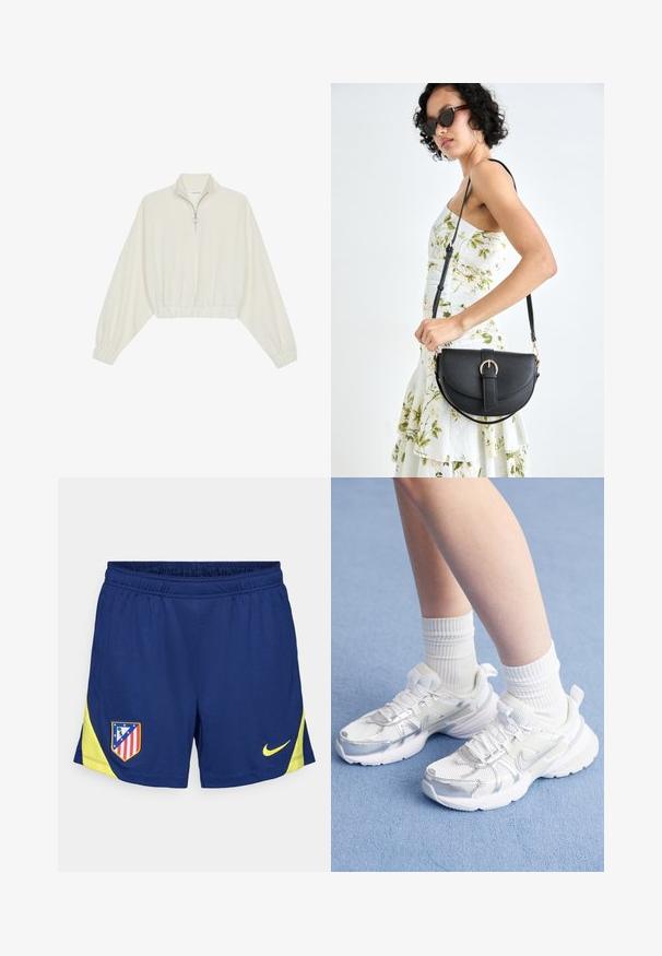 Geknipt pullover in crèmekleurige stof, met een hoge kraag, halve rits, elastische zoom en manchetten, met een soepele textuur en minimalistisch ontwerp.; Marineblauwe sportshorts met gele accenten, voorzien van een elastische tailleband en zij-inzetten. Geborduurd clublogo op de linker dij.; Witte sportschoenen met gaas en synthetische overlays, voorzien van een zilveren Nike swoosh, gecombineerd met ribbelige witte sokken op een blauwe ondergrond.; Zwarte leren handtas met een gebogen vorm, afneembare schouderband en gouden hardware. De tas heeft een klep met een gespsluiting.