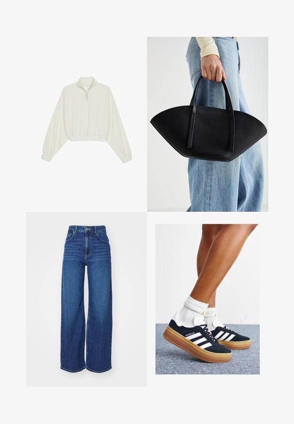 Kort genser i kremfarget stoff, med høy krage, halv glidelås, elastisk nederste kant og mansjetter, med en glatt tekstur og minimalistisk design.; Høyt liv, vide jeans i mørkeblå denim. Har knappelukking, skrå lommer foran og en ren lønn. Jeansen har en jevn tekstur.; Svarte sneakers i semsket skinn med hvite striper og detaljer, rund tå, yttersåle i gummigummi, kombinert med hvite ribbestrikkede crew-sokker.; Svart skinnveske med en unik vifteform, med flate håndtak. Overflaten har en pebblelignende tekstur og et minimalistisk design.