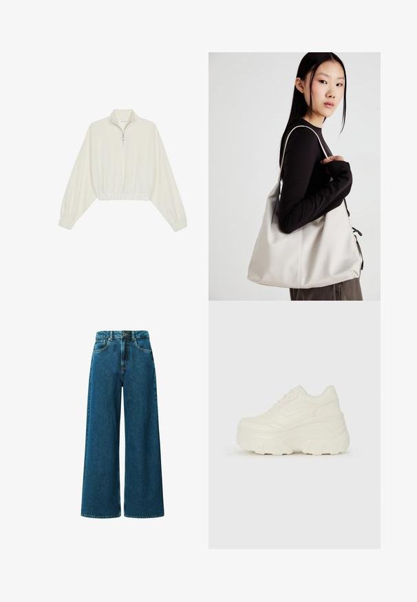 Lyhyt kerrosvaate vaaleasta kankaasta, jossa on korkea kaulus, puolivetoketjukiinnitys, joustavat helma ja hihansuut, tasainen pinta ja minimalistinen muotoilu.; Korkeavyötäröiset, leveälahkeiset farkut syvänsinisestä denimistä. Varustettu viidellä taskulla, vyölenkeillä ja näkyvillä saumoilla.; Valkoiset tasapohjakengät, joissa on sileä nahkamainen päällinen, pyöristetty muoto, pehmustettu nilkkaosa ja texturoitu kumipohja, jossa on hyvin määritellyt urat.; Beige laukku, joka on valmistettu pehmeästä materiaalista, ja siinä on rento muotoilu, ommeltu yksityiskohtia ja kaksi olkahihnaa. Sopii päivittäiseen käyttöön.