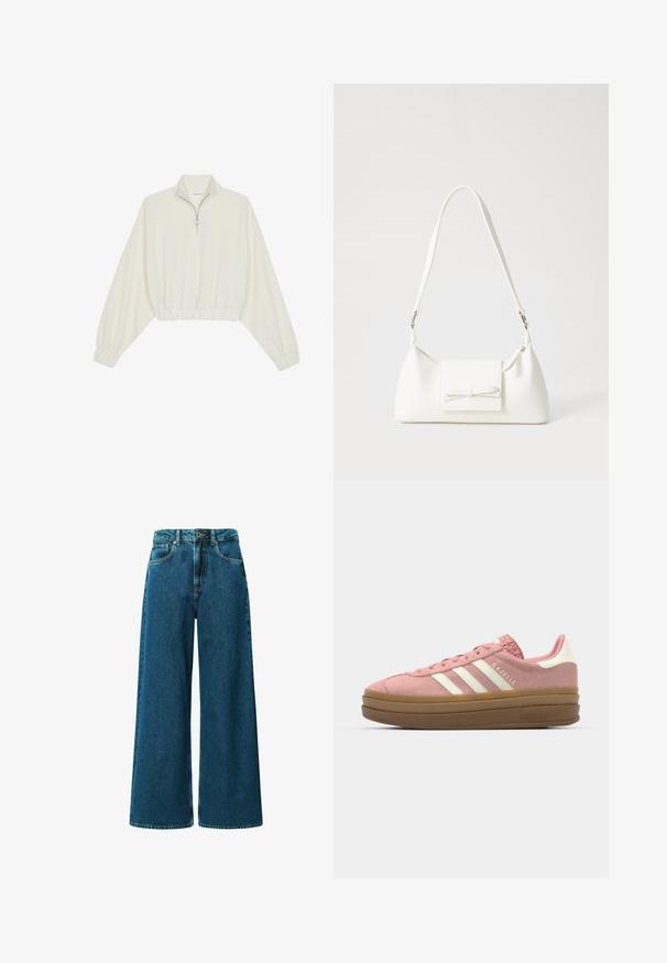 Skraćeni pulover od kremastog materijala, s visokim ovratnikom, zatvaranjem na polovicu munje, elastičnim rubom i manžetama, s glatkom teksturom i minimalnim dizajnom.; Jeans visoke struka širokih nogavica od tamnoplave denima. Ima pet džepova, petlje za remen i vidljivo šivanje duž šavova.; adidas Originals GAZELLE BOLD - Tenisice - mauve/off white; Bijela sintetička torbica s trokutastim oblikom, ravnim prednjim poklopcem i detaljem u obliku mašne, podesivom remenom, glatkom teksturom i minimalističkim dizajnom.